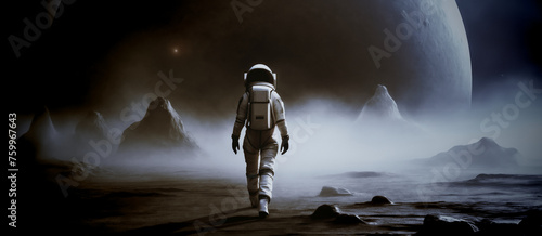 illustrazione di astronauta sulla superficie di un pianeta scuro e nebbioso photo