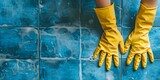 Closeup of gloved hands scrubbing grout with caption about cleaning challenge. Concept Photography Challenge, Household Chores, Grout Cleaning, Gloved Hands, Closeup Shot