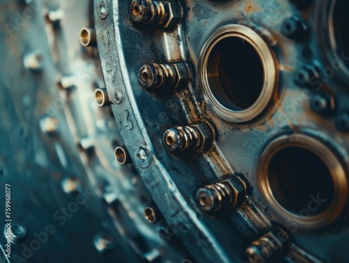 a close-up view inside what appears to be a piece of machinery, possibly an engine, with a detailed pattern of rings and bolts emphasizing the complexity of mechanical design
