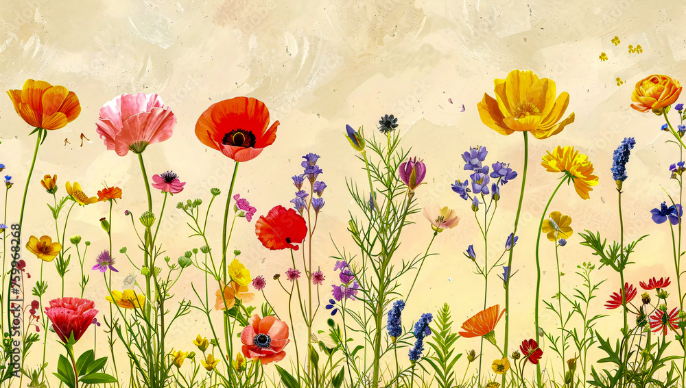 Serene Meadow with Blooming Flowers, Artistic Watercolor of Springtime Flora Serene Meadow with Blooming Flowers, Artistic Watercolor of Springtime Flora