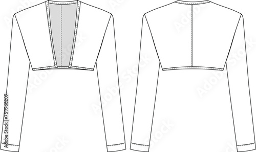 long sleeve collarless crop cropped bolero jacket template technical drawing flat sketch cad mockup fashion woman design style model
