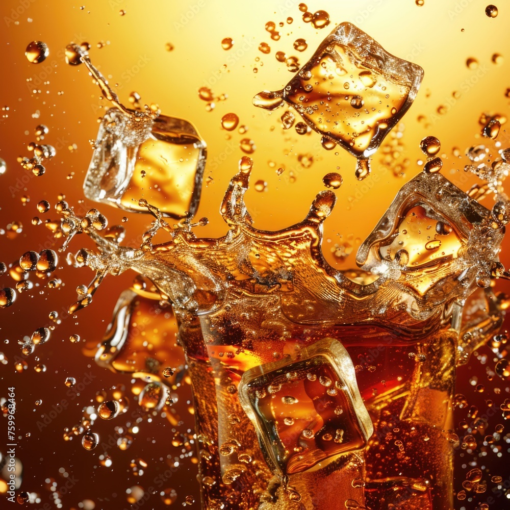 An energetic and vibrant image of ice cubes being dropped into a liquid, creating dynamic splashes. The background is a warm amber color, and bubbles are visible all around, suggesting the liquid An energetic and vibrant image of ice cubes being dropped into a liquid, creating dynamic splashes. The background is a warm amber color, and bubbles are visible all around, suggesting the liquid