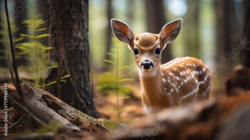 A summer spectacle: a cute baby deer, adorned with spots, stands elegantly in the forest, creating a serene wildlife portrait.