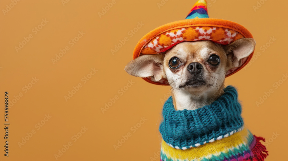 © Y_Malashkevych - A Chihuahua in a festive costume including a sombrero and colorful knitted sweater, suitable for Cinco de Mayo festivities or pet fashion marketing