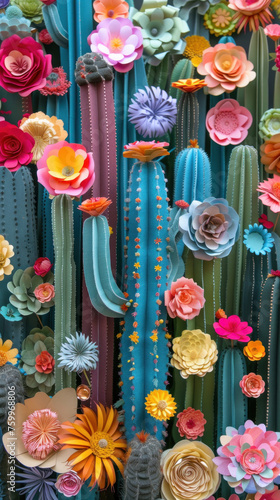 A vertical display of colorful paper flowers and cacti  great for vibrant Cinco de Mayo themed backgrounds or creative event invitations