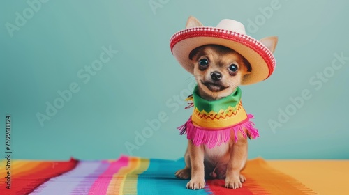An adorable Chihuahua puppy wearing a traditional Mexican sombrero and serape, suitable for Cinco de Mayo pet events or cultural campaigns.