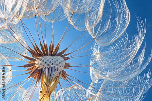 the intricate structure of a dandelion seed head against a clear blue sky. The fine, delicate seed parachutes radiate from the center, creating a striking pattern that's both fragile and strong