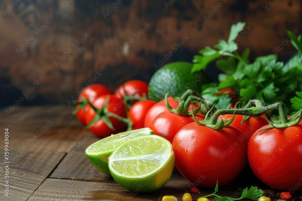 Fresh ingredients for Mexican cuisine including tomatoes, avocado, and lime on a rustic wooden background, great for recipe content or cooking classes. Fresh ingredients for Mexican cuisine including tomatoes, avocado, and lime on a rustic wooden background, great for recipe content or cooking classes.