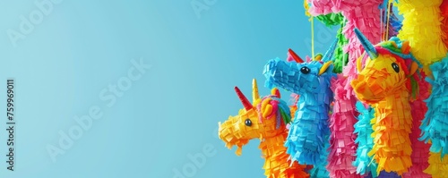 Colorful piñatas against a blue sky, representing fun and celebration, ideal for party supply ads or festive event invitations.