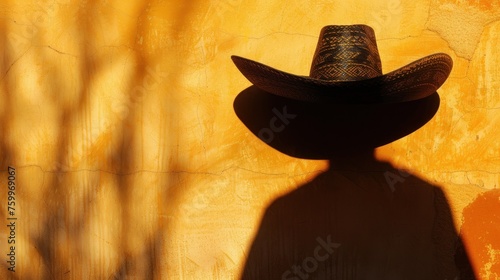 A sombrero's shadow cast on a textured wall, creating an evocative image suitable for cultural stories or traditional event promotion.