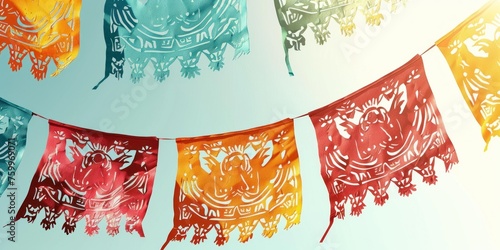 Colorful papel picado banners against a blue sky, ideal for a Cinco de Mayo festival background or as a decorative element for a themed event.