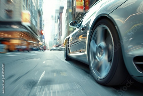 A dynamic street-level view of a silver car in motion, with its headlight on and creating a lens flare. The motion blur gives a sense of speed and urban movement.