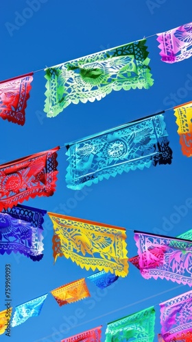 A street vibrant with colorful papel picado, ideal for festive atmosphere visuals or as a representation of Mexican traditional celebrations.