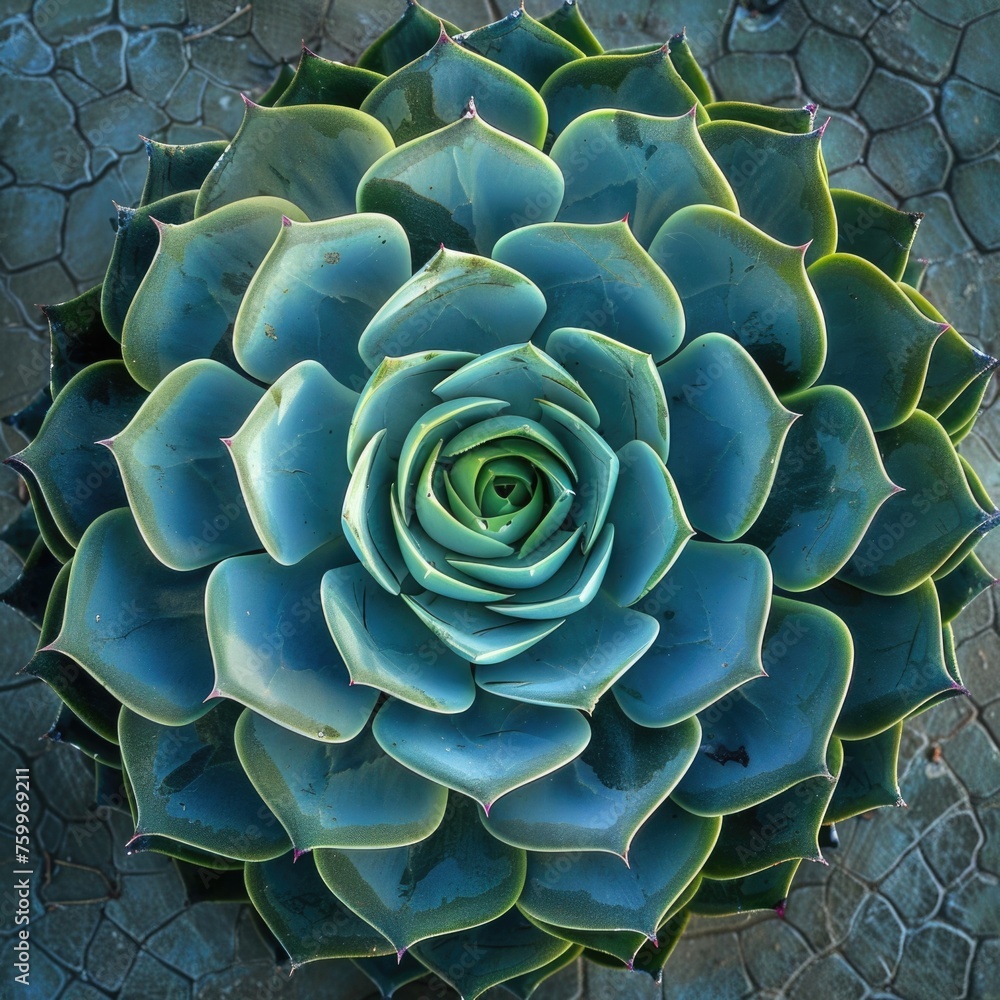 An overhead shot of a succulent plant, exhibiting a symmetrical rosette ...