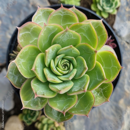 An overhead shot of a succulent plant, exhibiting a symmetrical rosette pattern formed by the spiral arrangement of its thick, green leaves with slightly pinkish tips.