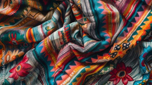 Mexican fabric pattern. Traditional colorful beautifully folded textile with ornaments