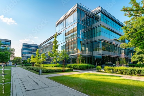 Modern office building with glass facade, under the hot sun with a clear sky
