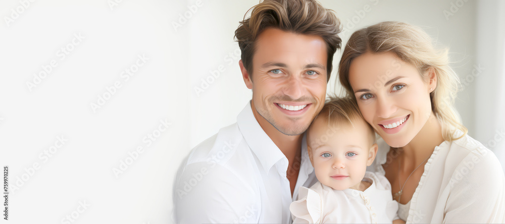 Studio shot, Portrait happy young parents and kid , white background, Family day, father's day, mother's day
