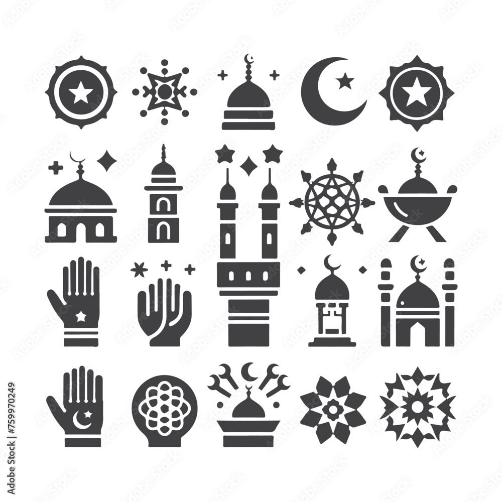 Icon elements for an Islamic theme, with a luxury style, monochrome, flat, black and white