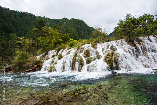 Mountain lake waterfall in Jiuzhaigou  Sichuan  China