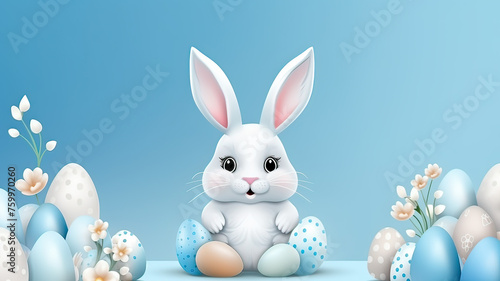 Rabbit with easter eggs against blue background for happy easter day