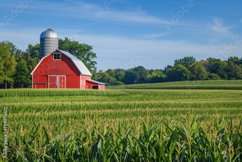 A red barn and silo standing among brightly colored cornfields. The concept of farming and peace, harmony with nature