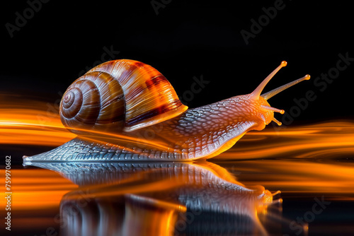 snail in motion, with its shell glowing in the background. movement and energy, snail appears to be in the midst of a race or a journey. real a speeding big snail, motion blur, flash light tail speed