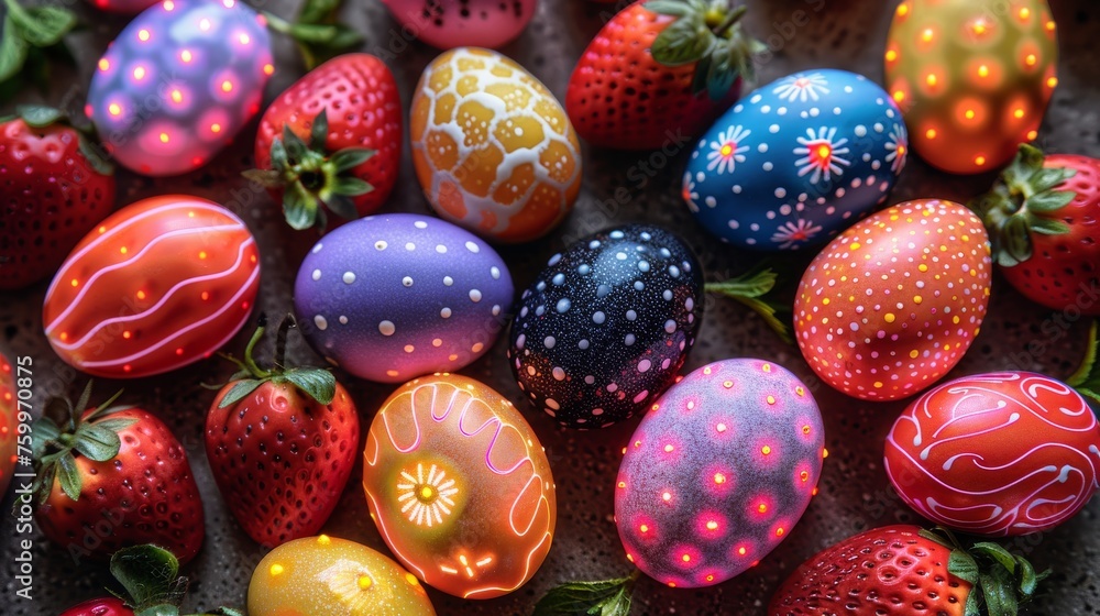 a group of painted eggs sitting on top of a table next to strawberries and strawberries on the ground. a group of painted eggs sitting on top of a table next to strawberries and strawberries on the ground.