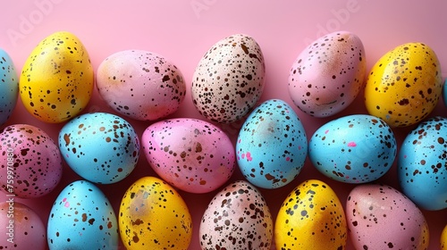 a group of speckled eggs sitting next to each other on top of a pink surface with black speckles.