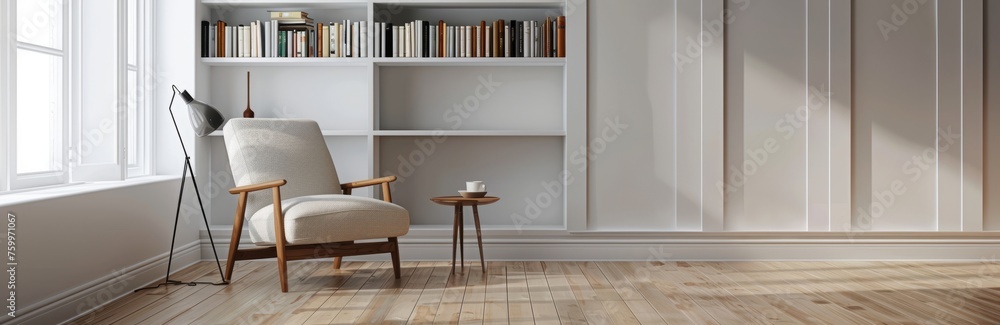 Minimalist living room with white walls and wooden floors, featuring an armchair on the left side near bookshelves. Minimalist living room with white walls and wooden floors, featuring an armchair on the left side near bookshelves.