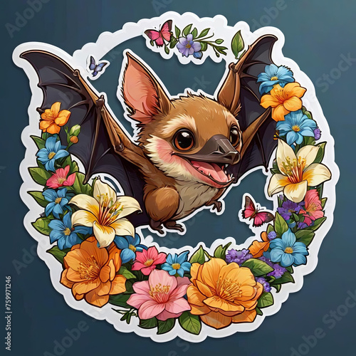 Colorful Fruit Bat with Floral Sticker on Dark Background Gen AI photo