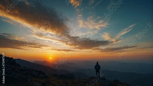 silhouette of a lone person standing on top of a mountain looking at the beautiful sunrise photo