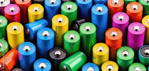 Colorful pile of used round shaped consumer batteries photo