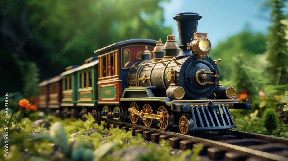 The nostalgic journey unfolds on a toy model railroad that captures the charm of vintage transport with a locomotive and carriages on miniature rails. - obrazy, fototapety, plakaty 