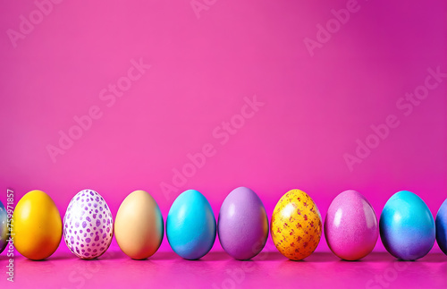 Row of easter painted eggs on pink background.