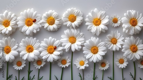 a group of white daisies with a lady bug on one of the daisies in the middle of the picture. © Nadia