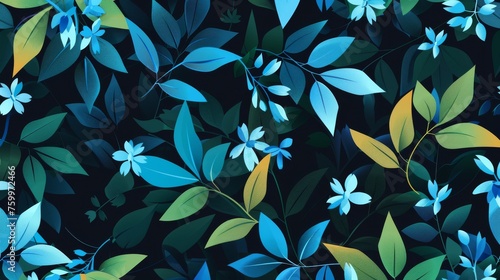 a green leaves pattern on dark blue background © Natawut