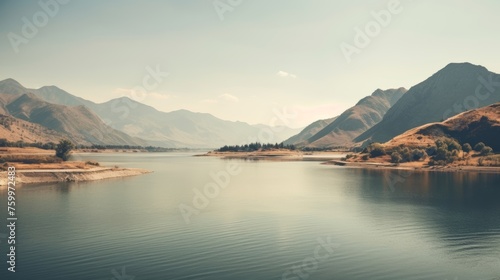 Nostalgic lake and mountain landscape in natural light