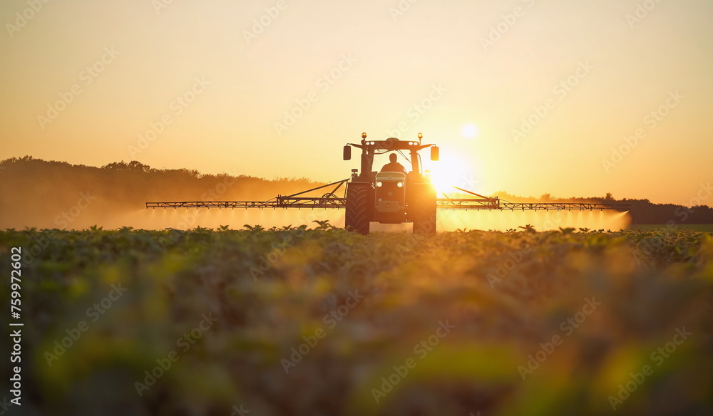 Fototapeta premium A tractor sprays crops in a vast field at sunset. Farmer's concept with copy space