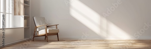 Minimalist room with white walls and wooden floors  featuring an armchair and bookcase on the left side against