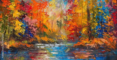 A painting depicting a river meandering through a dense forest of tall trees, capturing the beauty of natures harmony.