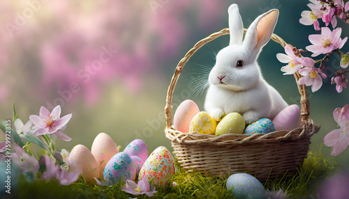 Easter Delight  Overflowing Basket  Playful Bunny   Colorful Eggs Soft Pink Background  Bunny Rabbit with Overflowing Basket   Colorful Eggs