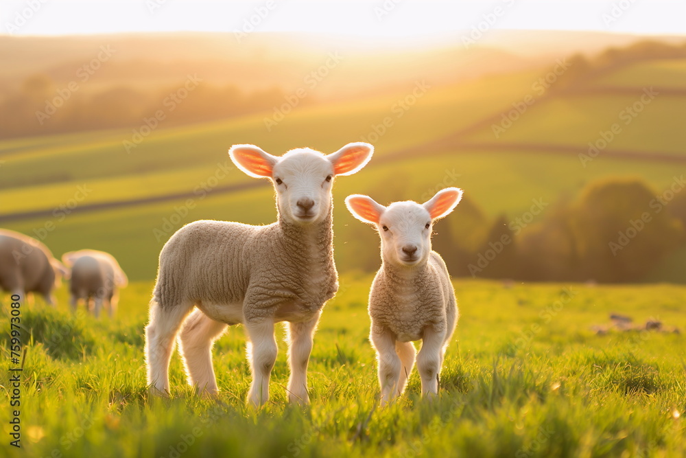 Two lambs in the pasture at sunrise. Pastoral concept Two lambs in the pasture at sunrise. Pastoral concept