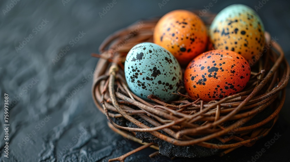 four speckled eggs in a bird's nest on top of a black tableclothed tablecloth with a black background. four speckled eggs in a bird's nest on top of a black tableclothed tablecloth with a black background.