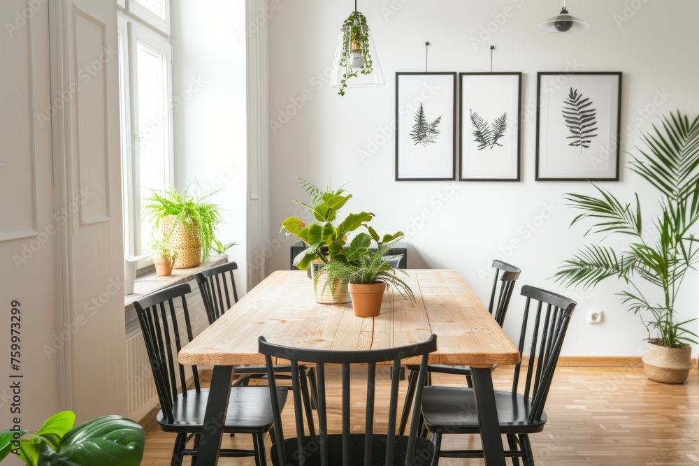 Minimalist interior design of a modern dining room with a beautiful wooden table, black chairs and white walls. With a window, plants as home decor