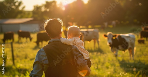 A father holds a small child in his arms in a field with cows. The concept of farming with copy space