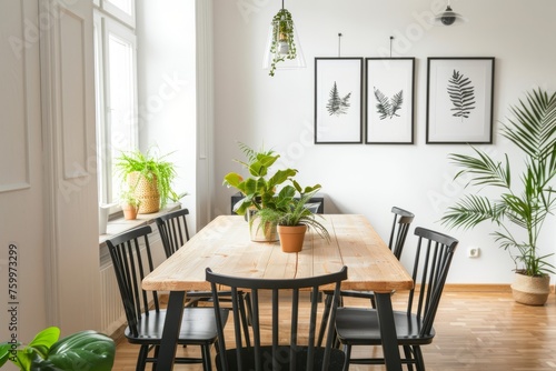 Minimalist interior design of a modern dining room with a beautiful wooden table  black chairs and white walls. With a window  plants as home decor