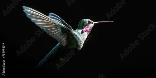 Still life render of a hummingbird against plain black background. dreamlike imagery,. 