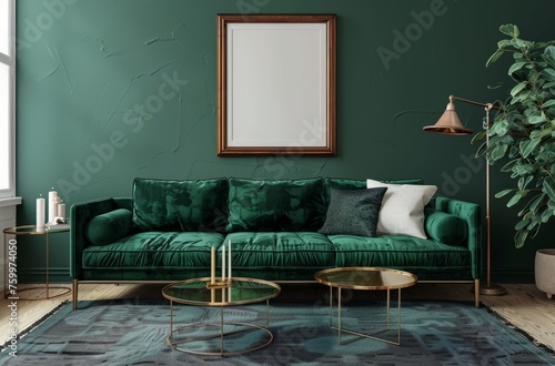 Sofa in dark green velvet with gold legs and coffee table near wall painted emerald color, poster frame on the wall, carpet, wooden floor lamp photo