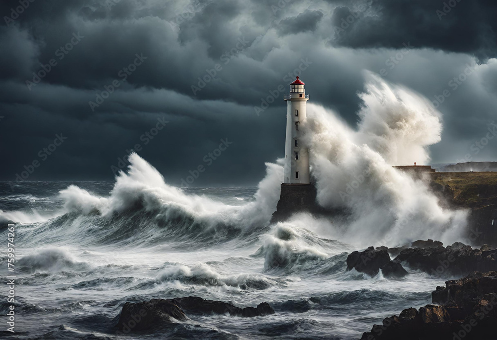 Storm with big waves over the lighthouse at the ocean Storm with big waves over the lighthouse at the ocean